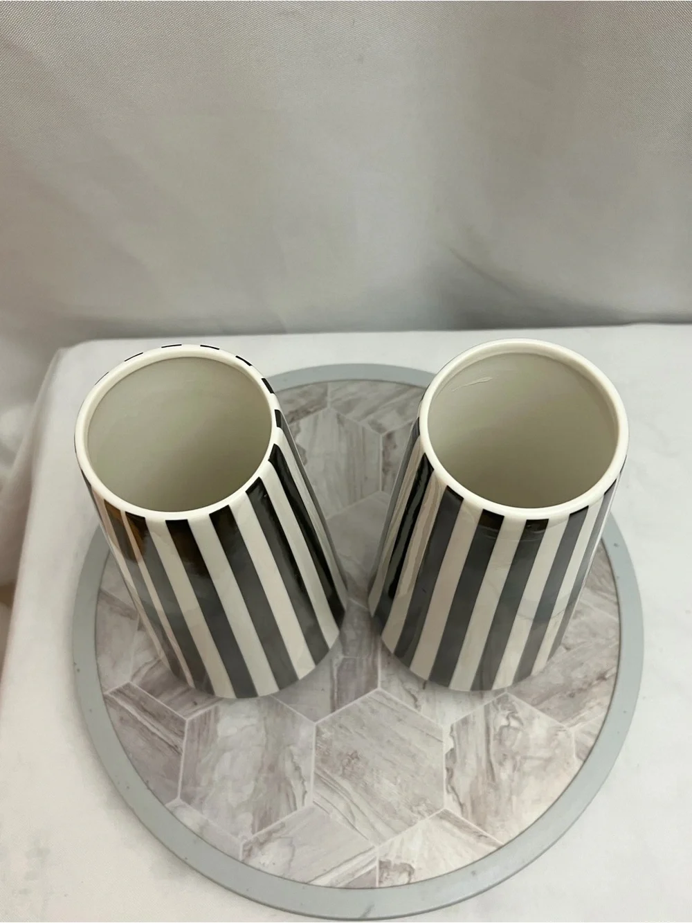 Modern Black White Striped Ceramic Bud Vases Set Of 2 Minimalist Decor 9.5”